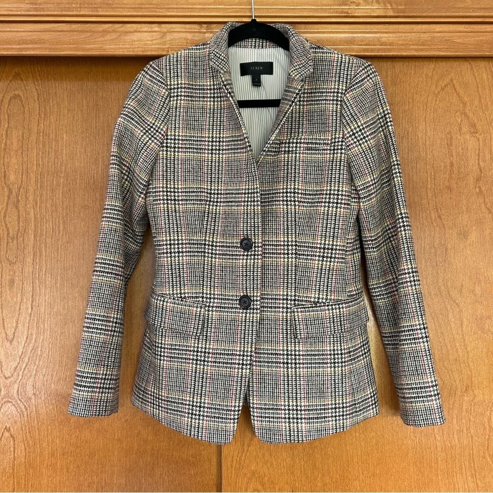 J. Crew Regent Brown Tan Plaid Wool Blazer Size 2 Preppy Academia Office Work